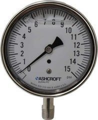 Ashcroft - 3-1/2" Dial, 1/4 Thread, 0-15 Scale Range, Pressure Gauge - Lower Connection Mount, Accurate to 1% of Scale - Exact Industrial Supply