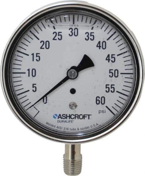 Ashcroft - 3-1/2" Dial, 1/4 Thread, 0-60 Scale Range, Pressure Gauge - Lower Connection Mount, Accurate to 1% of Scale - Exact Industrial Supply