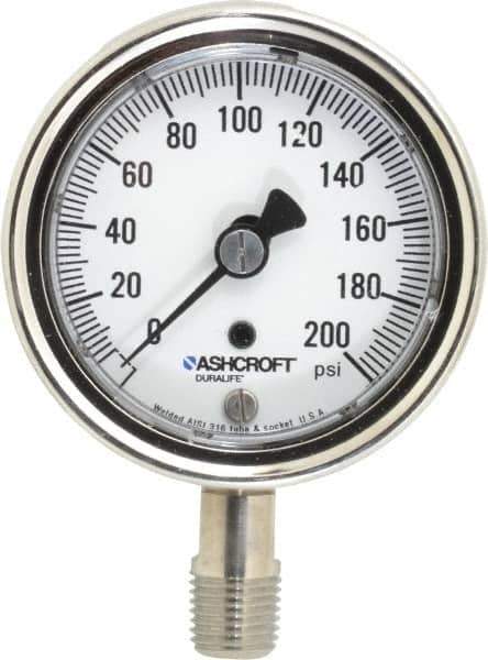 Ashcroft - 2-1/2" Dial, 1/4 Thread, 0-200 Scale Range, Pressure Gauge - Lower Connection Mount, Accurate to 1% of Scale - Exact Industrial Supply
