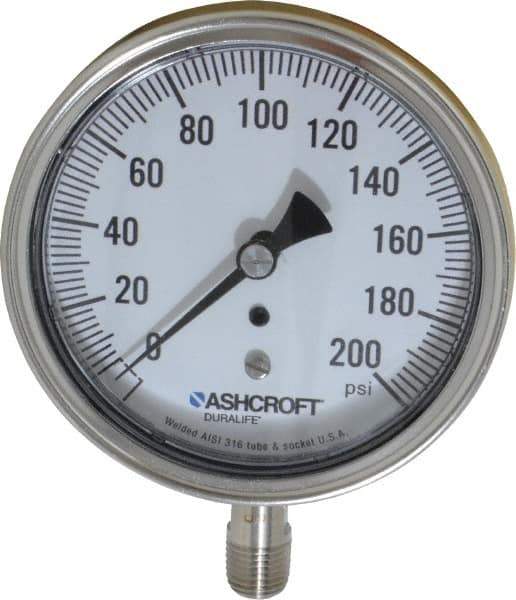Ashcroft - 3-1/2" Dial, 1/4 Thread, 0-200 Scale Range, Pressure Gauge - Lower Connection Mount, Accurate to 1% of Scale - Exact Industrial Supply