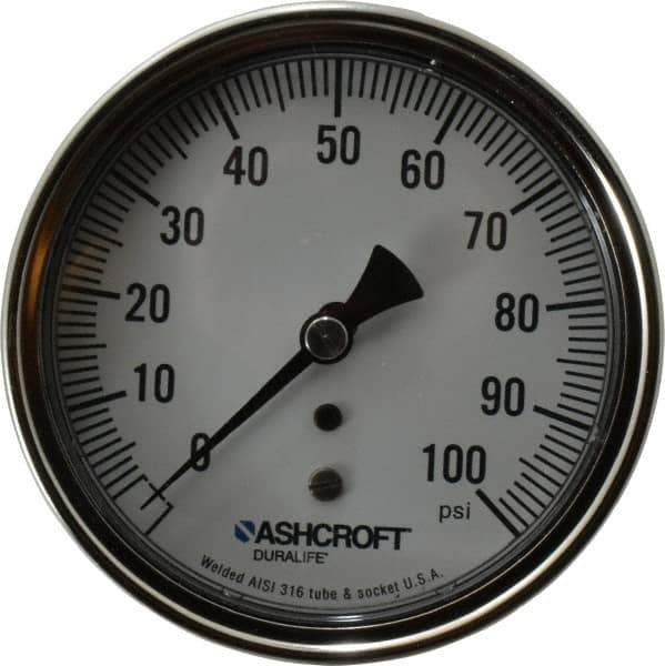 Ashcroft - 3-1/2" Dial, 1/4 Thread, 0-100 Scale Range, Pressure Gauge - Center Back Connection Mount, Accurate to 1% of Scale - Exact Industrial Supply