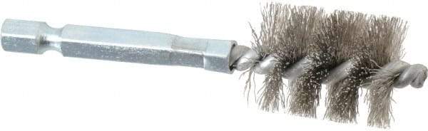 Schaefer Brush - 5/8 Inch Inside Diameter, 13/16 Inch Actual Brush Diameter, Stainless Steel, Power Fitting and Cleaning Brush - 1/4 Shank Diameter, 3-1/8 Inch Long, Hex Shaft Stem, 3/4 Inch Refrigeration Outside Diameter - Exact Industrial Supply