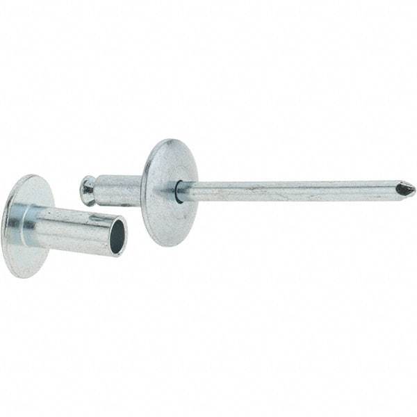 RivetKing - Size 8-12 Dome Head Steel Flush on Both Sides Blind Rivet - Steel Mandrel, 5/8" to 3/4" Grip, 5/8" Head Diam, 0.255" Min Hole Diam, 0.58" Length Under Head, 1/4" Body Diam - Exact Industrial Supply