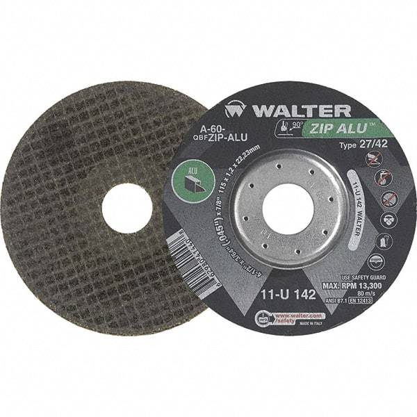 WALTER Surface Technologies - 60 Grit, 5" Wheel Diam, 3/64" Wheel Thickness, 7/8" Arbor Hole, Type 27 Depressed Center Wheel - Aluminum Oxide, Resinoid Bond, 12,200 Max RPM - Exact Industrial Supply