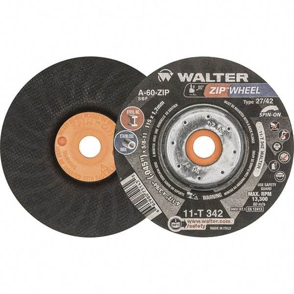 WALTER Surface Technologies - 60 Grit, 4-1/2" Wheel Diam, 3/64" Wheel Thickness, Type 27 Depressed Center Wheel - Resinoid Bond, 13,300 Max RPM - Exact Industrial Supply