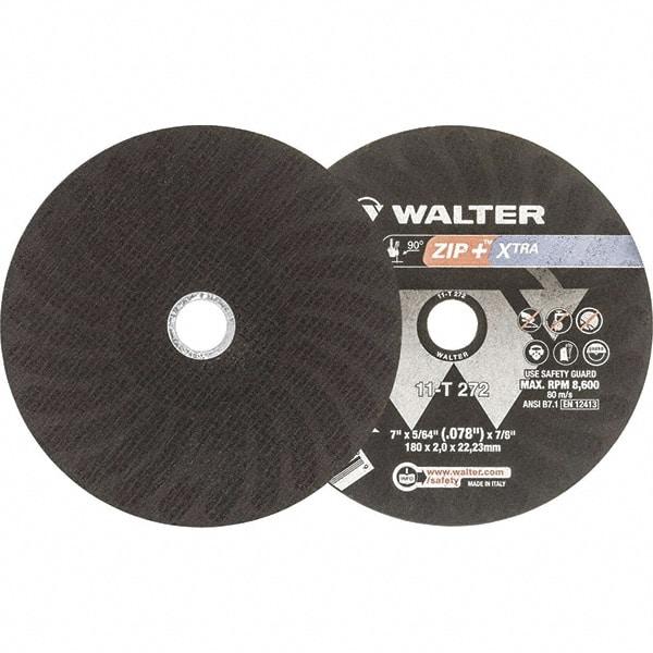 WALTER Surface Technologies - 7" 46 Grit Aluminum Oxide Cutoff Wheel - 5/64" Thick, 7/8" Arbor, 8,600 Max RPM, Use with Angle Grinders - Exact Industrial Supply