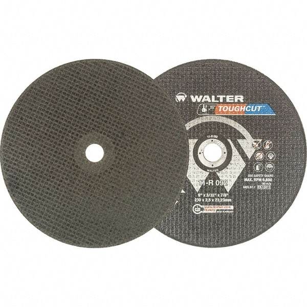 WALTER Surface Technologies - 9" 30 Grit Aluminum Oxide Cutoff Wheel - 3/32" Thick, 7/8" Arbor, 6,600 Max RPM, Use with Angle Grinders - Exact Industrial Supply