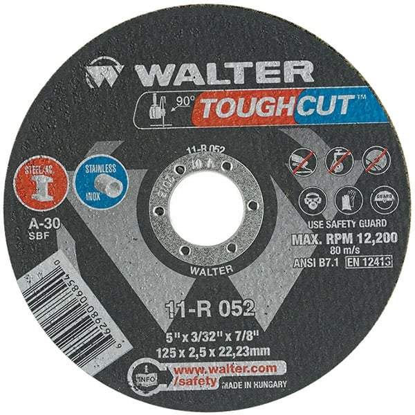 WALTER Surface Technologies - 5" 30 Grit Aluminum Oxide Cutoff Wheel - 3/32" Thick, 7/8" Arbor, 12,200 Max RPM, Use with Angle Grinders - Exact Industrial Supply