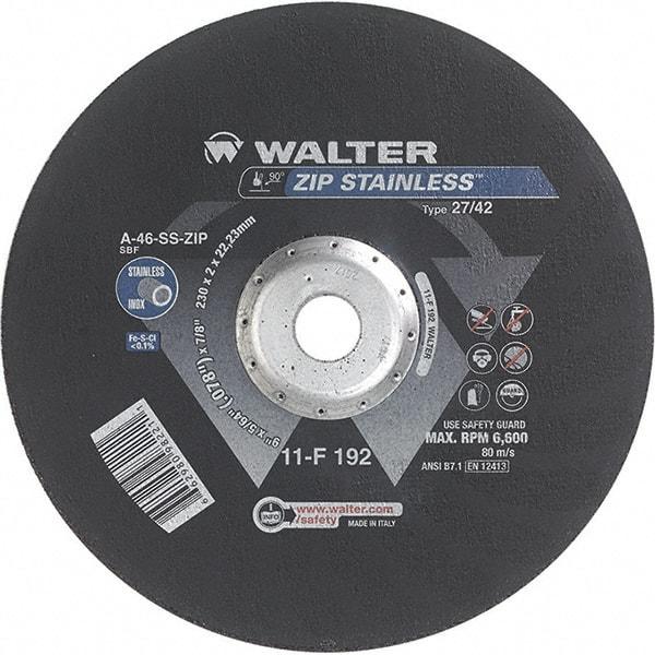 WALTER Surface Technologies - 46 Grit, 9" Wheel Diam, 5/64" Wheel Thickness, 7/8" Arbor Hole, Type 27 Depressed Center Wheel - Aluminum Oxide/Silicon Carbide Blend, Resinoid Bond, 6,600 Max RPM - Exact Industrial Supply