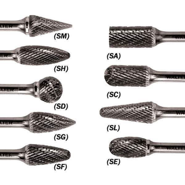 WALTER Surface Technologies - 3/8" Cut Diam, 1/4" Shank Diam, Taper Head Double Cut Burr - Carbide, 3/4" LOC - Exact Industrial Supply