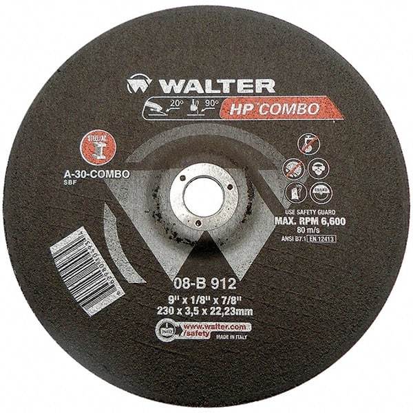 WALTER Surface Technologies - 30 Grit, 9" Wheel Diam, 1/8" Wheel Thickness, 7/8" Arbor Hole, Type 27 Depressed Center Wheel - Aluminum Oxide, Resinoid Bond, 6,600 Max RPM - Exact Industrial Supply