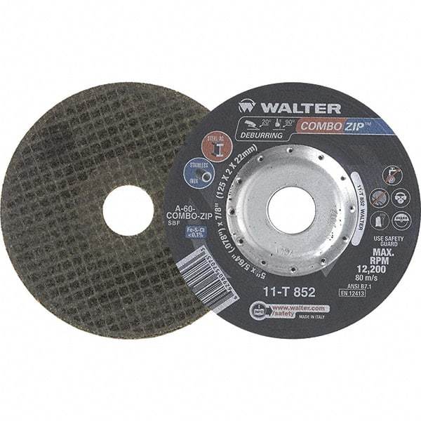 WALTER Surface Technologies - 60 Grit, 5" Wheel Diam, 5/64" Wheel Thickness, 7/8" Arbor Hole, Type 27 Depressed Center Wheel - 12,200 Max RPM - Exact Industrial Supply