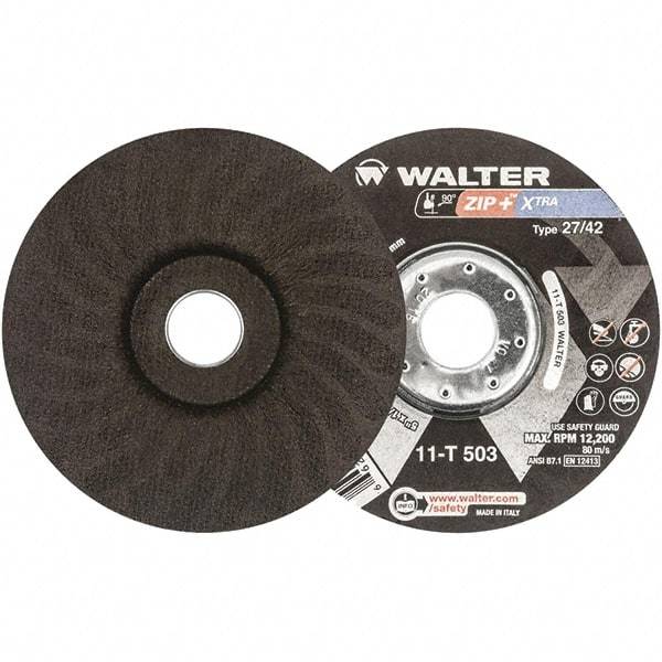 WALTER Surface Technologies - 46 Grit, 5" Wheel Diam, 1/16" Wheel Thickness, 7/8" Arbor Hole, Type 27 Depressed Center Wheel - Aluminum Oxide, Resinoid Bond, 12,200 Max RPM - Exact Industrial Supply