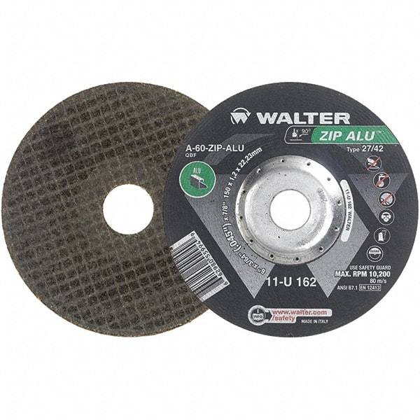 WALTER Surface Technologies - 60 Grit, 6" Wheel Diam, 3/64" Wheel Thickness, 7/8" Arbor Hole, Type 27 Depressed Center Wheel - Aluminum Oxide, Resinoid Bond, 10,200 Max RPM - Exact Industrial Supply