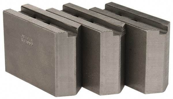 Abbott Workholding Products - 1.5mm x 60° Serrated Attachment, Square Soft Lathe Chuck Jaw - 3 Jaws, Steel, 63/64" Btw Mount Hole Ctrs, 4" Long x 1-1/2" Wide x 3" High, 0.5512" Groove, 0.4724" & 12mm Fastener - Exact Industrial Supply