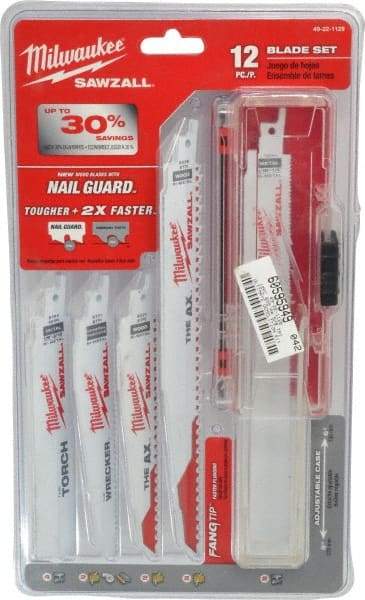 Milwaukee Tool - 12 Piece, 6" to 9" Long x 0.04" to 0.05" Thick, Bi-Metal Reciprocating Saw Blade Set - Straight Profile, 5-8 to 18 Teeth per Inch, Toothed Edge - Exact Industrial Supply