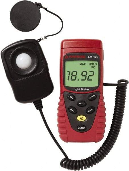 Amprobe - 9 Volt Battery, 20 to 20,000 FC, LCD Display, Silicone Photodiode Light Meter - 3 Accuracy, Compatible with All Visible Light Lighting, Built In Memory - Exact Industrial Supply