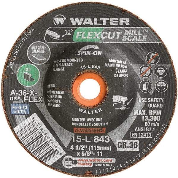 WALTER Surface Technologies - 4-1/2" 36 Grit Aluminum Oxide/Silicon Carbide Blend Cutoff Wheel - 5/8-11 Arbor, 13,300 Max RPM, Use with Angle Grinders - Exact Industrial Supply