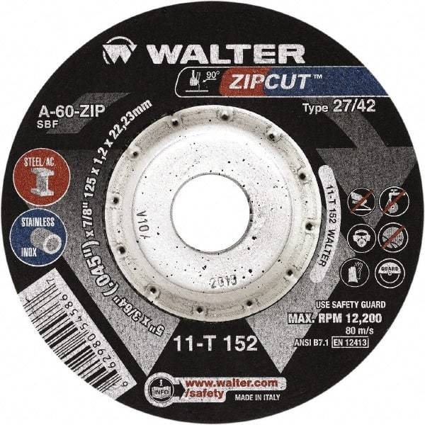 WALTER Surface Technologies - 60 Grit, 4-1/2" Wheel Diam, 3/64" Wheel Thickness, 7/8" Arbor Hole, Type 27 Depressed Center Wheel - Aluminum Oxide, Resinoid Bond, 13,300 Max RPM, Compatible with Angle Grinder - Exact Industrial Supply