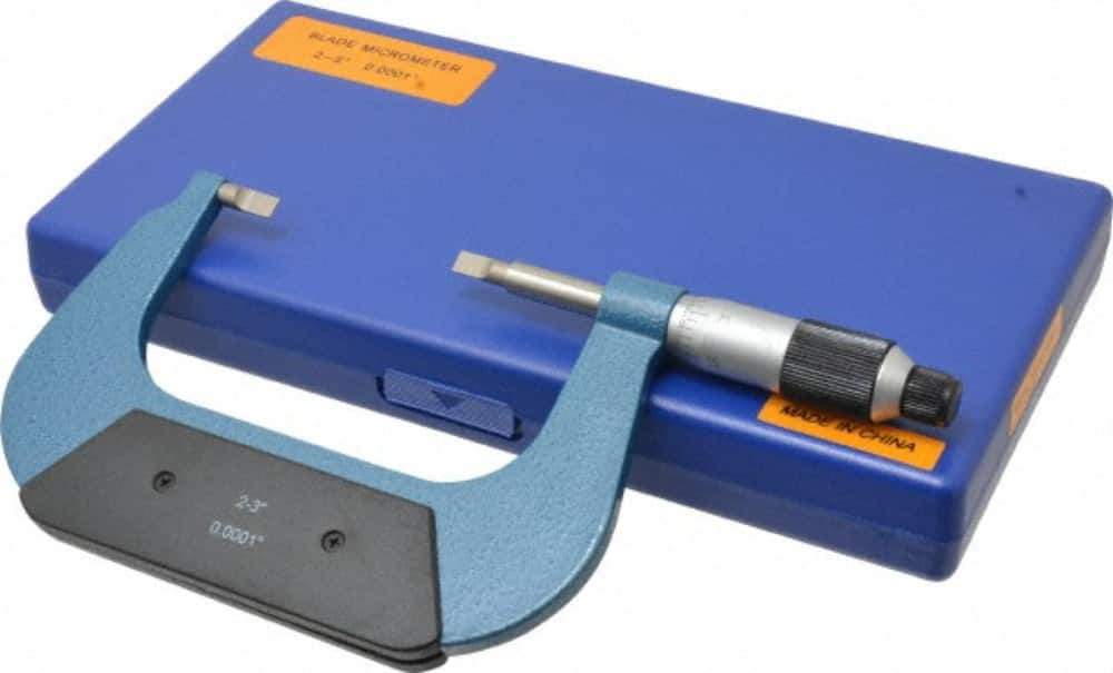 Value Collection - 2" to 3" Mechanical Enamel Coated Blade Micrometer - 0.0001" Graduation, 0.75mm Blade Thickness, Ratchet-Friction Thimble - Exact Industrial Supply