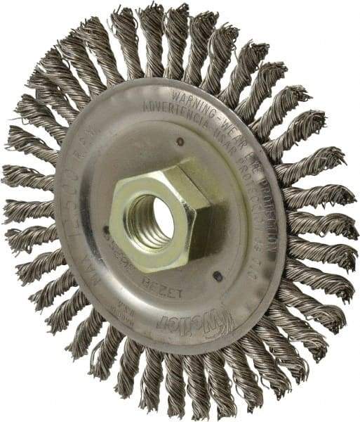 Weiler - 4-1/2" OD, 5/8" Arbor Hole, Knotted Stainless Steel Wheel Brush - 3/16" Face Width, 7/8" Trim Length, 0.02" Filament Diam, 12,500 RPM - Exact Industrial Supply