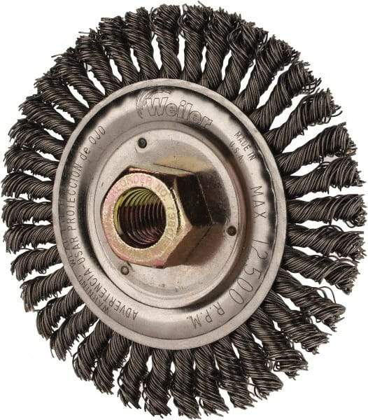 Weiler - 4-1/2" OD, 5/8" Arbor Hole, Stringer Bead Steel Wheel Brush - 3/16" Face Width, 13/16" Trim Length, 0.02" Filament Diam, 15,000 RPM - Exact Industrial Supply