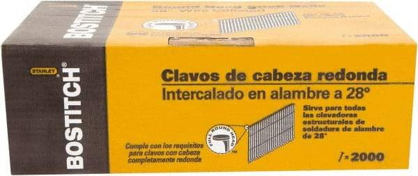 Stanley Bostitch - 12 Gauge 0.113" Shank Diam 2" Long Framing Nails for Power Nailers - Steel, Bright Finish, Ring Shank, Angled Stick Wire Collation, Round Head, Diamond Point - Exact Industrial Supply