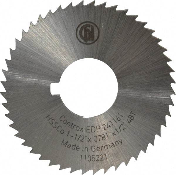 Controx - 1-1/2" Diam x 0.0781" Blade Thickness x 1/2" Arbor Hole Diam, 48 Tooth Slitting and Slotting Saw - Arbor Connection, Right Hand, Uncoated, Cobalt, Concave Ground, Contains Keyway - Exact Industrial Supply