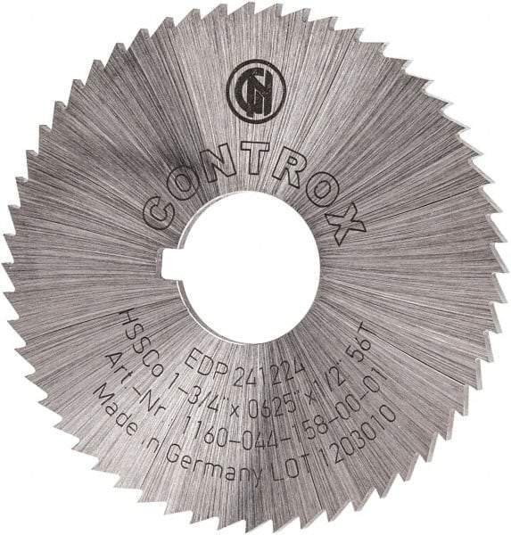 Controx - 1-3/4" Diam x 1/16" Blade Thickness x 1/2" Arbor Hole Diam, 56 Tooth Slitting and Slotting Saw - Arbor Connection, Right Hand, Uncoated, Cobalt, Concave Ground, Contains Keyway - Exact Industrial Supply