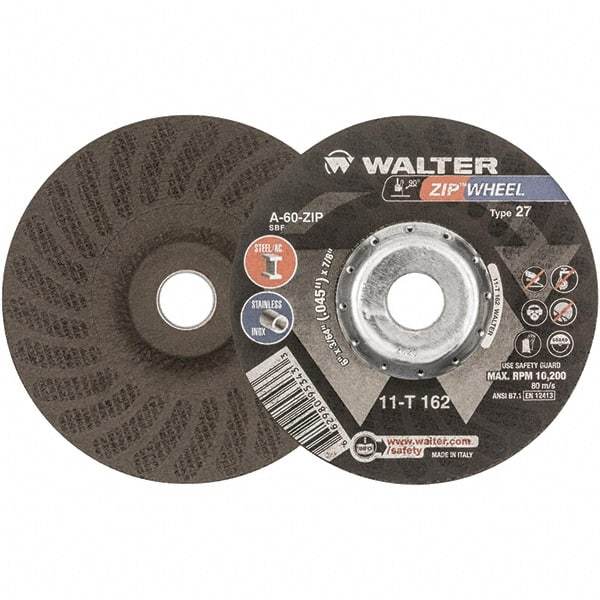 WALTER Surface Technologies - 60 Grit, 6" Wheel Diam, 3/64" Wheel Thickness, 7/8" Arbor Hole, Type 27 Depressed Center Wheel - Aluminum Oxide, Resinoid Bond, 10,200 Max RPM - Exact Industrial Supply