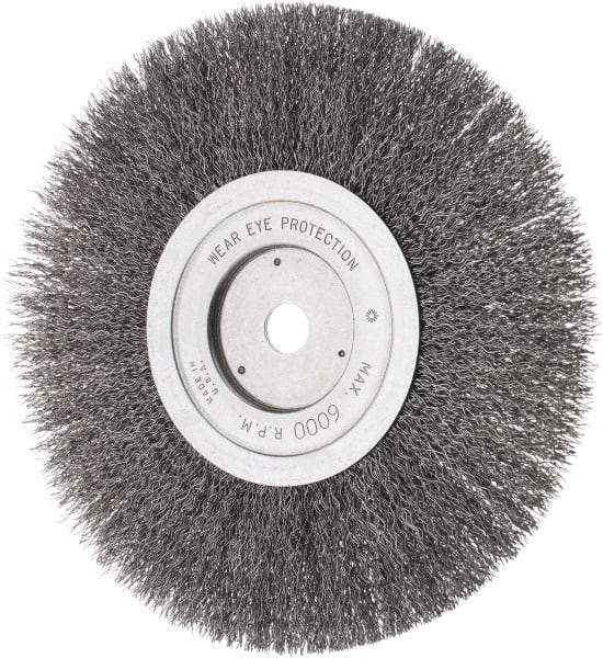Weiler - 8" OD, 5/8" Arbor Hole, Crimped Steel Wheel Brush - 3/4" Face Width, 1-1/2" Trim Length, 0.014" Filament Diam, 4,500 RPM - Exact Industrial Supply