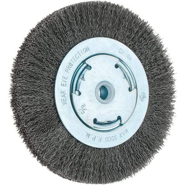 Weiler - 6" OD, 5/8" Arbor Hole, Crimped Steel Wheel Brush - 1-1/8" Face Width, 1-1/8" Trim Length, 0.014" Filament Diam, 6,000 RPM - Exact Industrial Supply