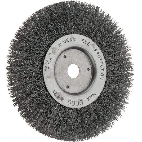 Weiler - 6" OD, 5/8" Arbor Hole, Crimped Steel Wheel Brush - 3/4" Face Width, 1-1/8" Trim Length, 0.014" Filament Diam, 6,000 RPM - Exact Industrial Supply