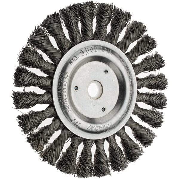 Weiler - 6" OD, 5/8" Arbor Hole, Knotted Steel Wheel Brush - 1/2" Face Width, 1-1/2" Trim Length, 0.014" Filament Diam, 9,000 RPM - Exact Industrial Supply