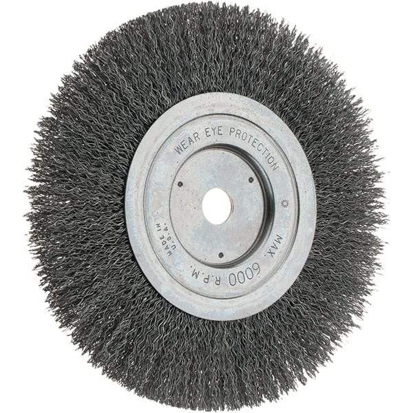 Weiler - 7" OD, 5/8" Arbor Hole, Crimped Steel Wheel Brush - 1" Face Width, 2" Trim Length, 0.014" Filament Diam, 6,000 RPM - Exact Industrial Supply