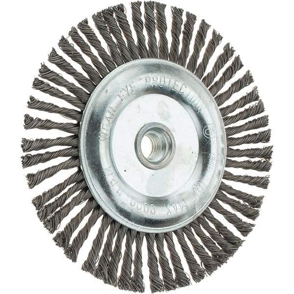 Weiler - 6-1/2" OD, 5/8-11 Arbor Hole, Stringer Bead Steel Wheel Brush - 3/16" Face Width, 1-1/8" Trim Length, 0.02" Filament Diam, 9,000 RPM - Exact Industrial Supply
