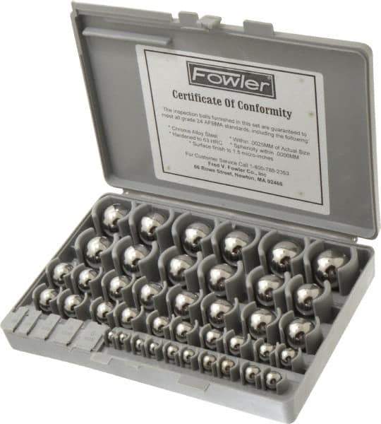 Fowler - to 1 to 25mm Diameter, Chrome Steel, Gage Ball Set - 0.0025 mm Tolerance, Grade 24 Accuracy, 63 RC Hardness, 25 Pairs - Exact Industrial Supply