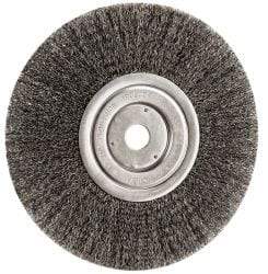 Weiler - 8" OD, 3/4" Arbor Hole, Crimped Steel Wheel Brush - 1/2" Face Width, 2-1/16" Trim Length, 0.0118" Filament Diam, 6,000 RPM - Exact Industrial Supply