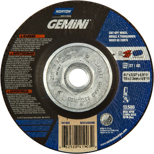 4-1/2 × 3/32 × 5/8 - 11″ Gemini Cutting Wheel A 30 Q BDA Type 27/42 - Exact Industrial Supply