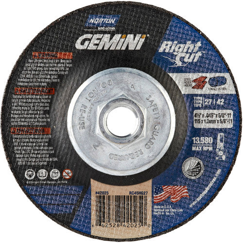 4-1/2 x .045 × 5/8 - 11″ Gemini RightCut Cutting Wheel A 24 T BDA3 Type 27/42 - Exact Industrial Supply