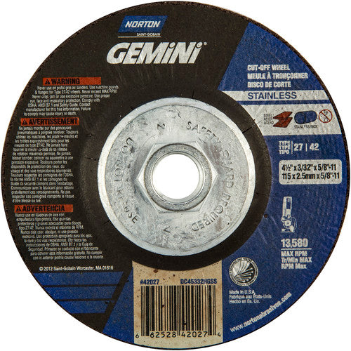 4-1/2 × 3/32 × 5/8 - 11″ Gemini INOX/SS Cutting Wheel A 30 Q BDA Type 27/42 - Exact Industrial Supply