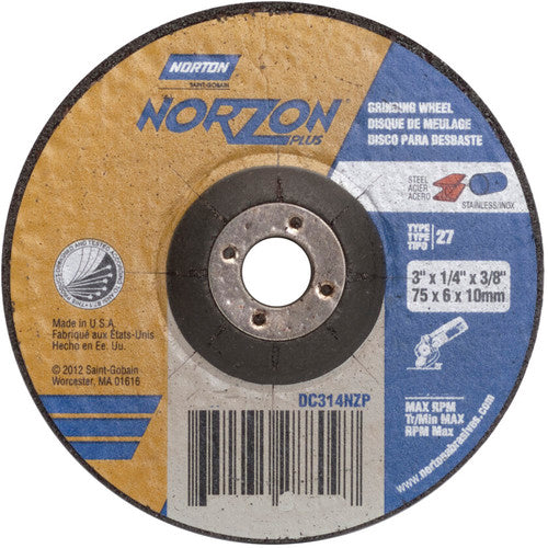 3″ × 1/4″ × 3/8″ NorZon Plus Non-Woven Depressed Center Wheel Type 27 20 Grit - Exact Industrial Supply