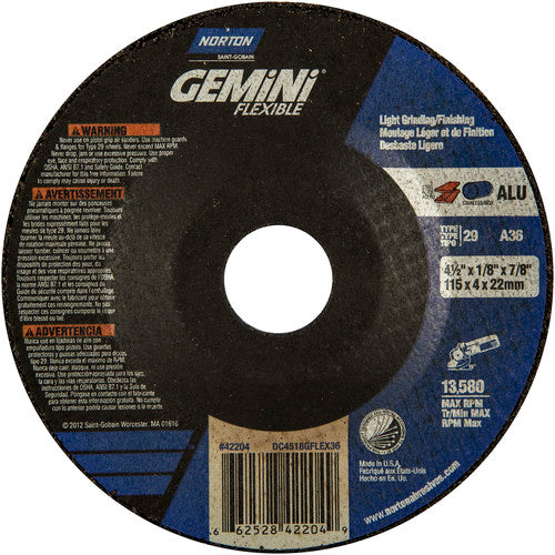 4-1/2″ × 1/8″ × 7/8 ″ Gemini Non-Woven Depressed Center Wheel Type 29 36 Grit - Exact Industrial Supply