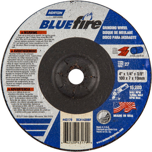 4″ × 1/4″ × 3/8″ BlueFire Non-Woven Depressed Center Wheel Type 27 Zirconia Alumina / Aluminum Oxide - Exact Industrial Supply