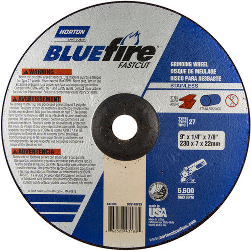 9″ × 1/4″ × 7/8″ BlueFire Non-Woven Depressed Center Wheel Type 27 Zirconia Alumina / Aluminum Oxide - Exact Industrial Supply