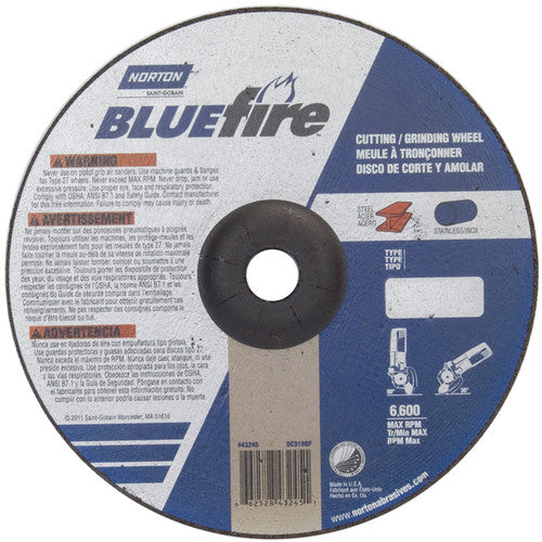 9″ × 1/8″ × 7/8″ BlueFire Non-Woven Depressed Center Wheel Type 27 Zirconia Alumina / Aluminum Oxide - Exact Industrial Supply