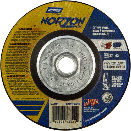 4-1/2″ × 1/8″ × 5/8″-11 NorZon Plus Non-Woven Depressed Center Wheel Type 27 - Exact Industrial Supply