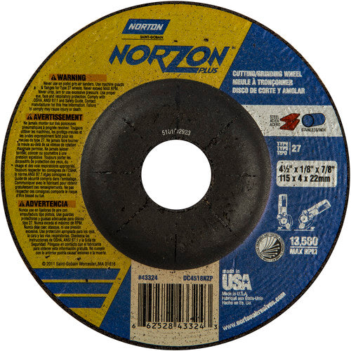 4-1/2″ × 1/8″ × 7/8″ NorZon Plus Non-Woven Depressed Center Wheel Type 27 - Exact Industrial Supply