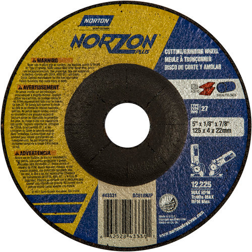 5″ × 1/8″ × 7/8″ NorZon Plus Non-Woven Depressed Center Wheel Type 27 Ceramic Alumina / Zirconia Alumina - Exact Industrial Supply