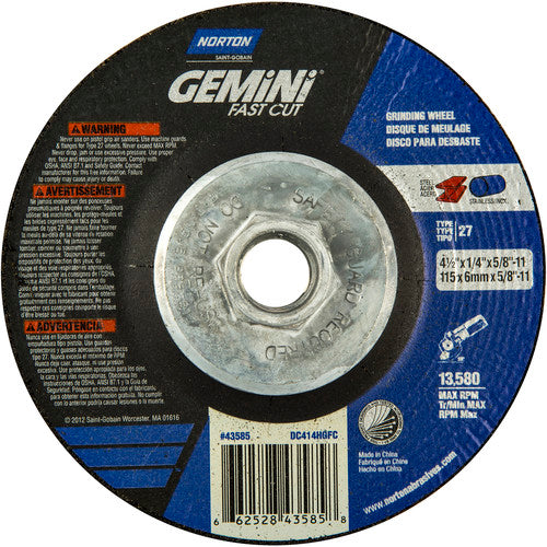 4-1/2 × 1/4 × 5/8 - 11″ Gemini Fast Cut Grinding Wheel A 24 N BDA Type 27 - Exact Industrial Supply